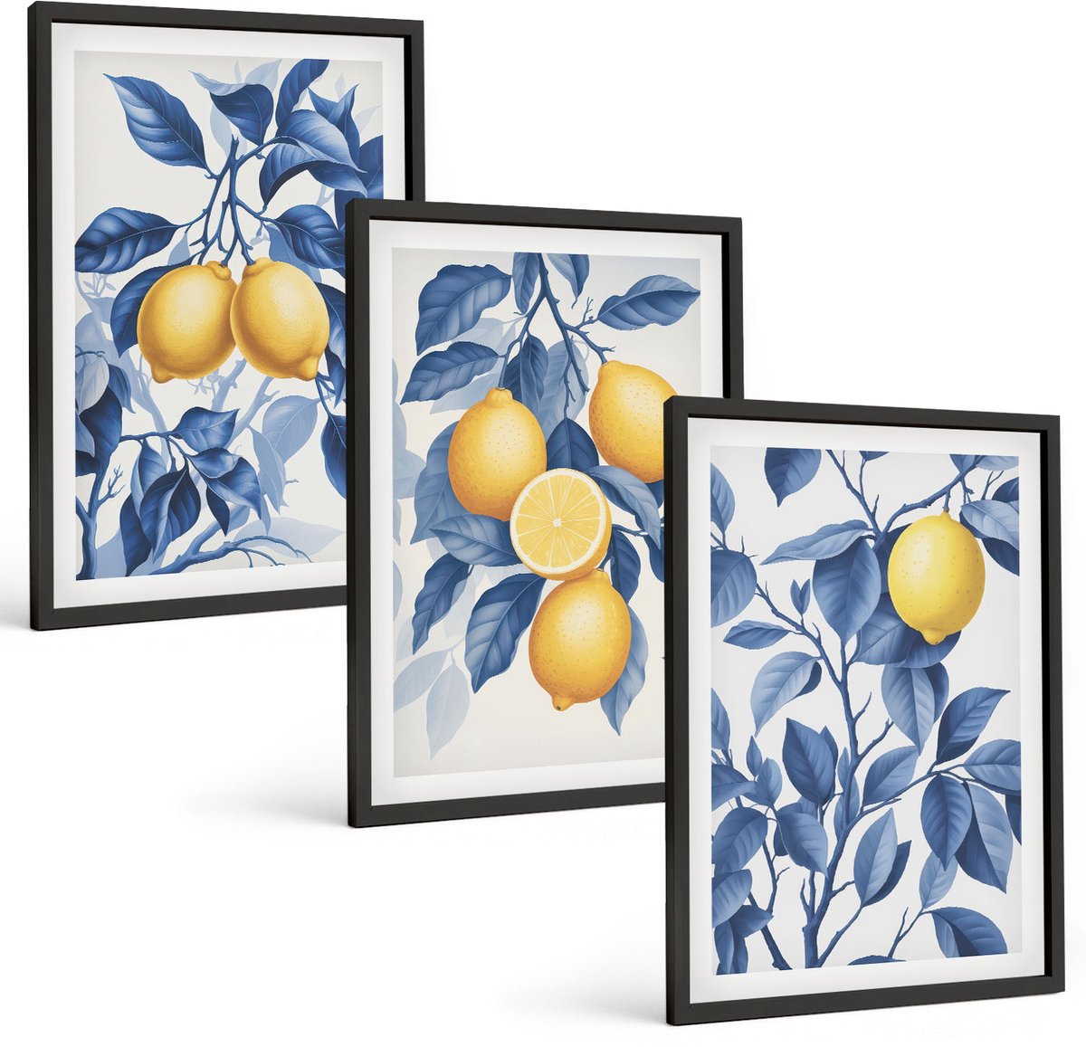 Coloray 3-Delige Schilderij Set - Citroenen Aan Takken Met Blauwe Bladeren - 40 x 60 cm - Muurdecoratie - Interieur Decoratie - Moderne Wanddecoratie