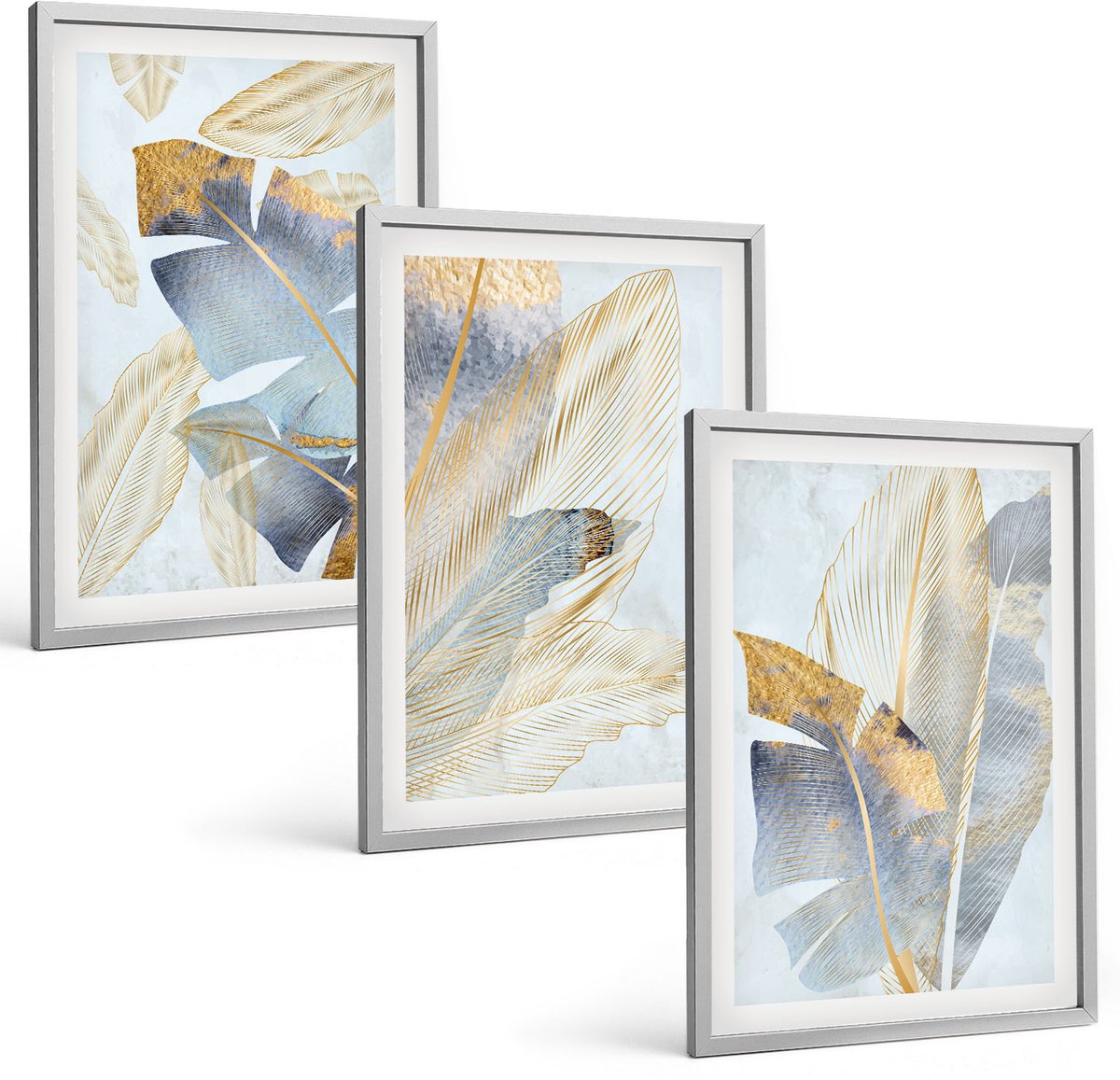 Coloray 3-Delige Schilderij Set - Bladeren In Blauwe En Beige Tinten Op Een Lichte Achtergrond. - 40 x 60 cm - Wanddecoratie - Woonkamer Decoratie - Interieur Decoratie