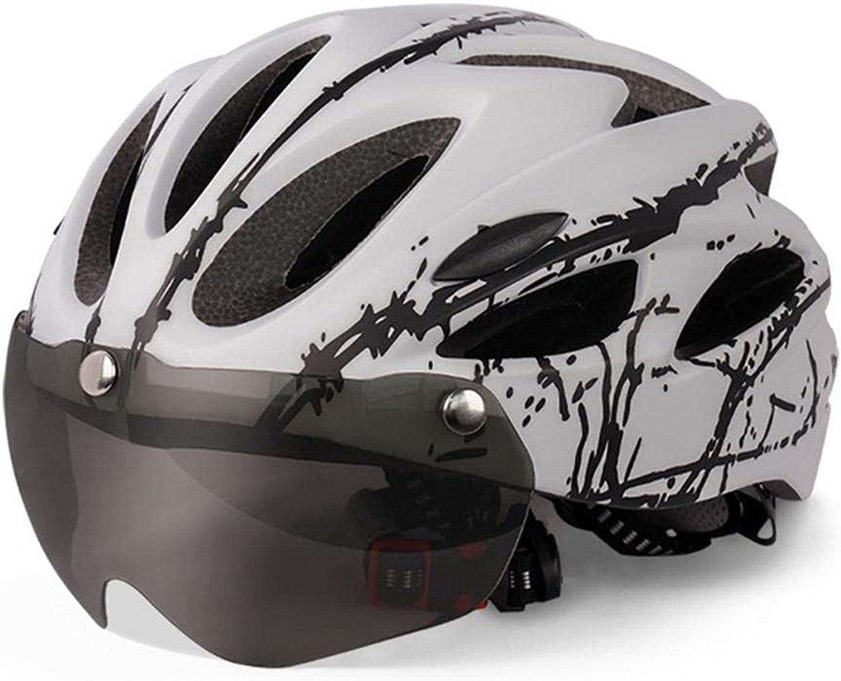Fietshelm voor Volwassen Heren Dames Beschermende Helm met Magnetisch Vizier (Wit zwart)