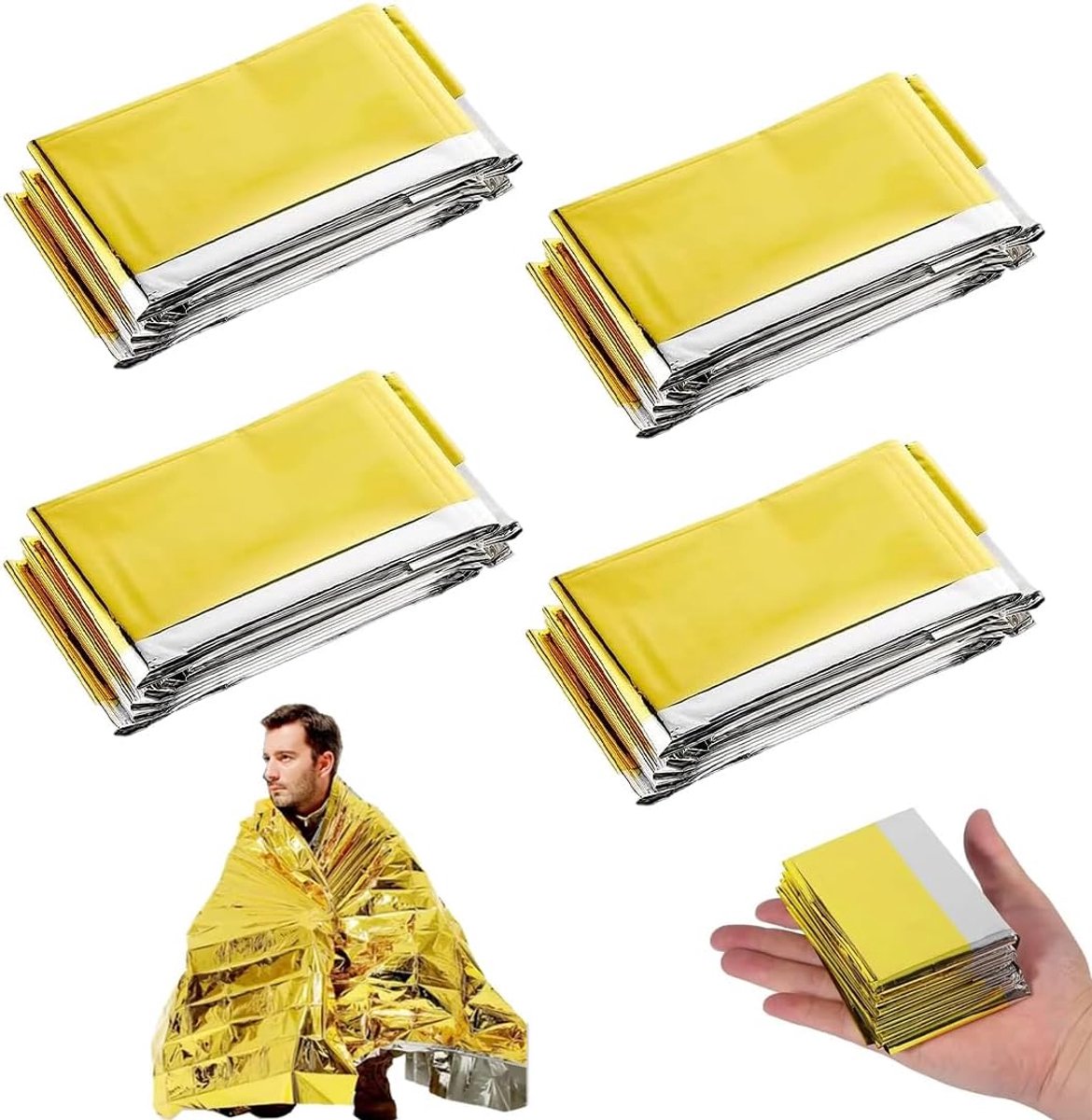 Sterk 4 Stuks, Reddingsdeken, Eerste Hulp Deken Goud Zilver, 210×160cm, Nooddeken Perfect voor Outdoor, Wandelen, Overleven, Eerste Hulp Dekens, Robuust, Scheurvast & Waterdicht