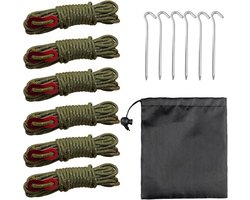 Set van 6 Reflecterende Tenttouwen met Spanners en 6 Tentsteken - Windbestendige Accessoires voor Kamperen, Caravan en Outdoor Activiteiten