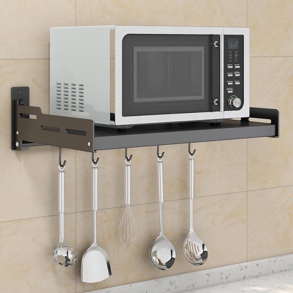 Muurplank voor Magnetron met 5 Haken - Ruimtebesparende Keukenoplossing voor Kookaccessoires en Organisatie (52 * 36 * 14.5 CM)