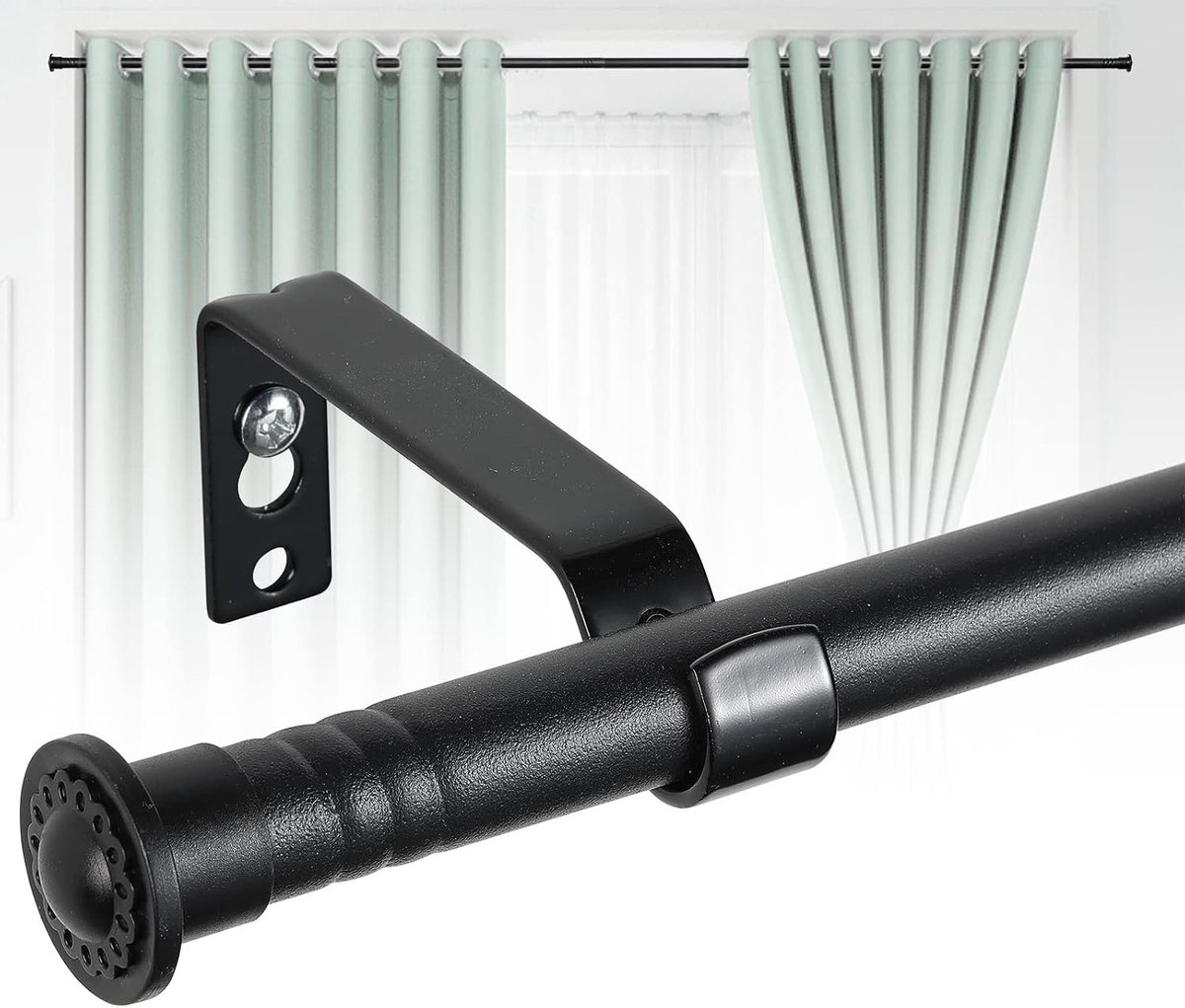 Verstelbare Gordijnroede 16mm Mat Zwart 76-152cm voor Raamdecoratie met Beugels en Eindstukken voor Zware Gordijnen en Buiten Gordijnen