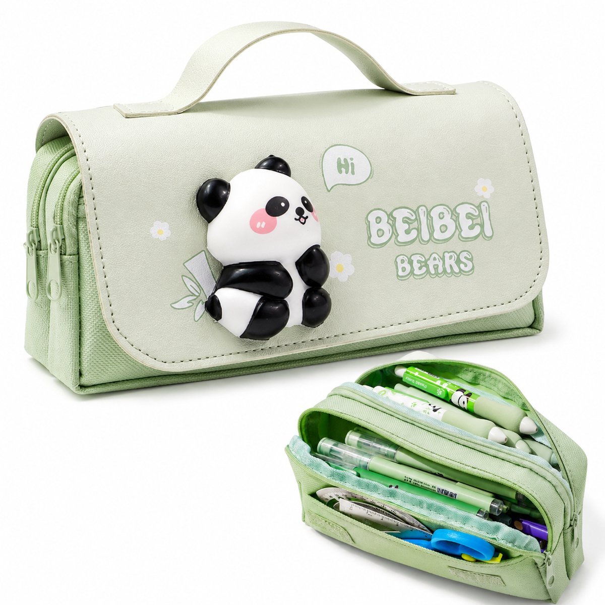 VHV- Etui Stress - 21x6x12 cm- Grote Capaciteit Peneetui -Drie Vakken - Kinder pennenzak-Draagbaar Pencil case Voor School,Examen,Cadeau gevens -Groene