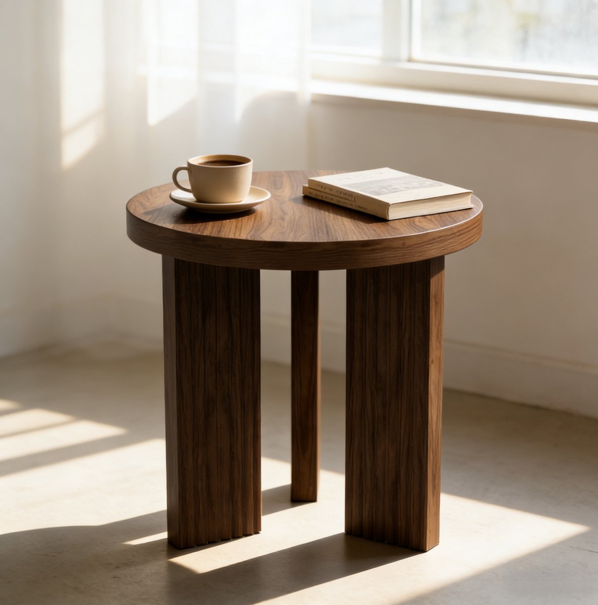 REDOM - Bijzettafel - Rond tafelblad - Driepoot-structuur - Compact en flexibel inzetbaar - Modern - Woonkamer, slaapkamer en balkon - MDF - Walnootbruin - 44,5 x 44,5 x 41,5 cm