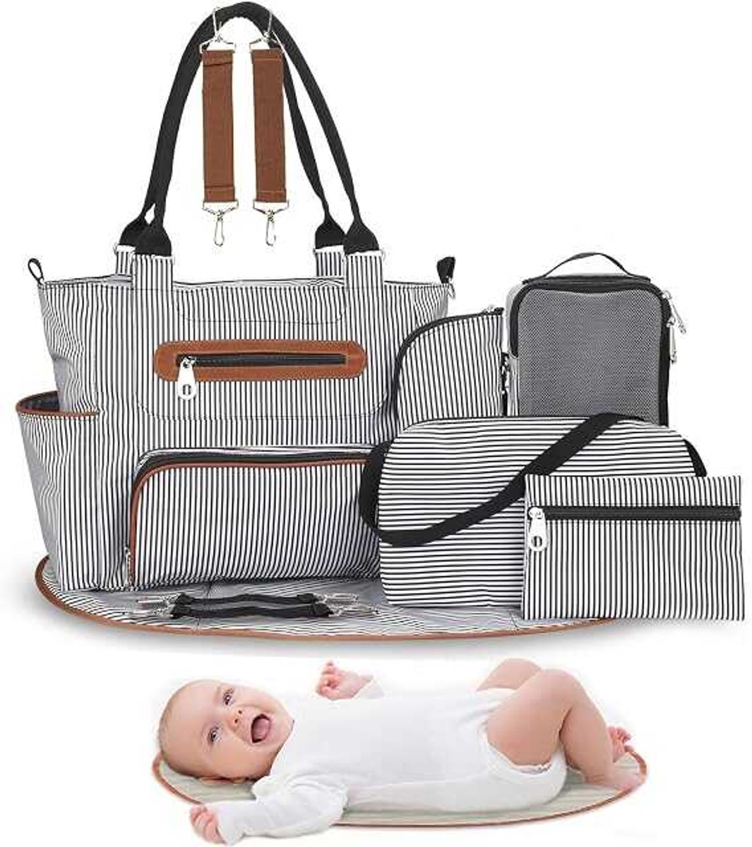 De luiertas, een onmisbaar item Geschikt voor baby's, bevat een multifunctionele luiertas, een fleshouder en een nettas.