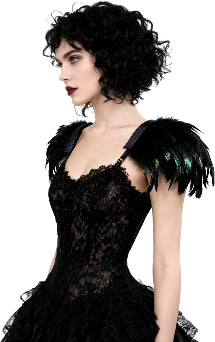 Gothic Feder Epaulettes Cape Sjaal voor Halloween Cosplay, Zwarte Schouderwrap, Unisex Kostuumaccessoire