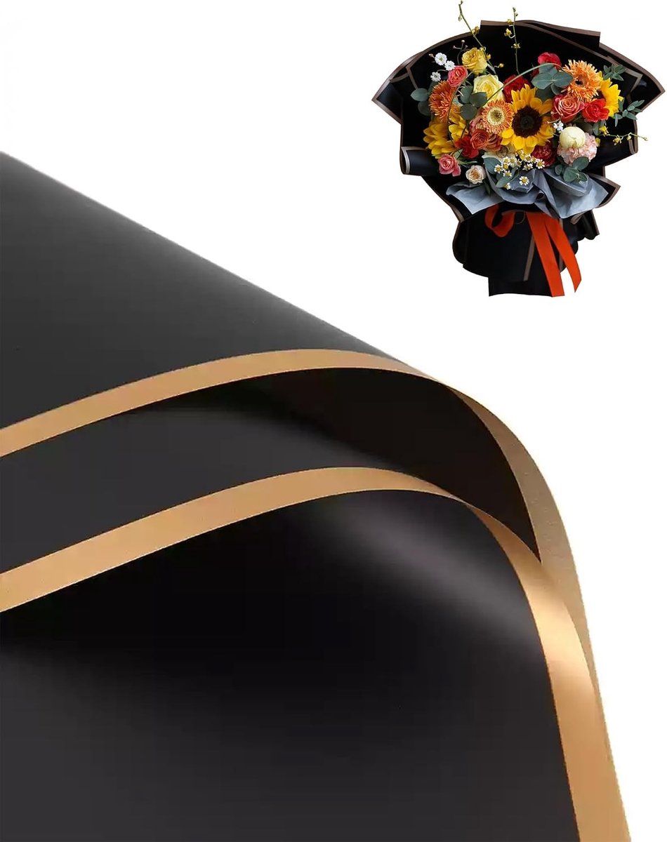40 Vellen Waterdicht Bloemeninpakpapier met Gouden Rand, 50 x 50 cm, Perfect voor Bruiloft en Verjaardagscadeaus, Bloemistbenodigdheden en Cadeauverpakking