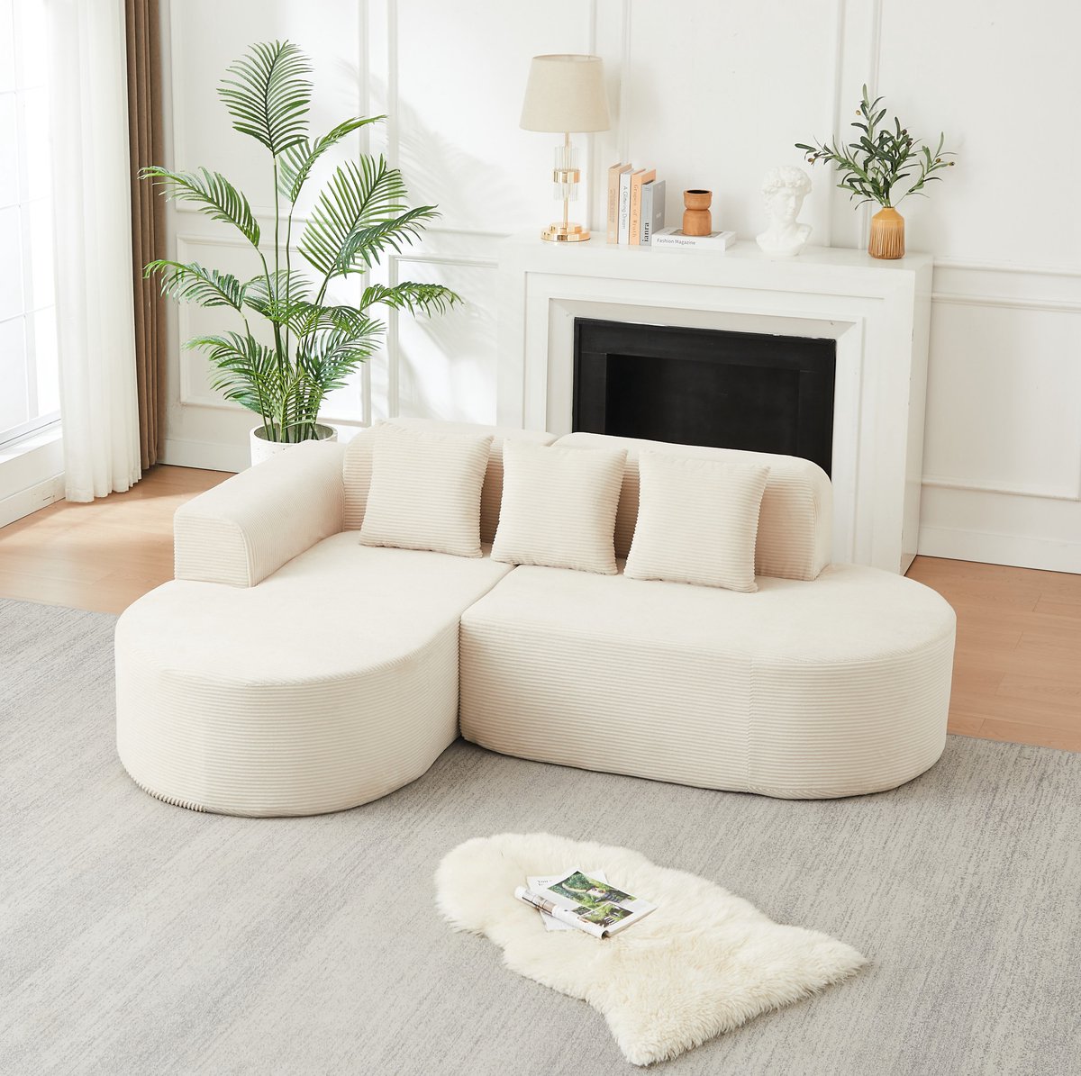 FloraGrace Hoekbank 220 x 155 cm - L-Vormig Modulair Design Met Gebogen Chaise Longue En 3 Kussens - Voor Woonkamer - Cord - Beige