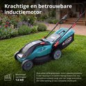 Elektrische grasmaaier met inductiemotor, teal-kleurige behuizing en zwarte grasopvangzak. Op een grasveld.