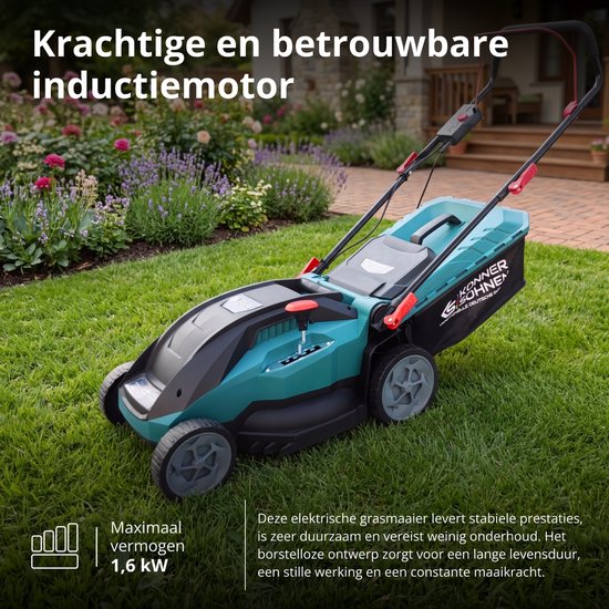 Elektrische grasmaaier met inductiemotor, teal-kleurige behuizing en zwarte grasopvangzak. Op een grasveld.