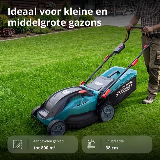 Teal-kleurige grasmaaier met merklogo, snijbreedte 38 cm, aanbevolen gebied tot 800 m². In gebruik op een gazon.
