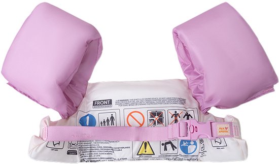 Roze zwemband met vleugels, wit met roze strepen en een paarse bloem. De band heeft veiligheidswaarschuwingen.