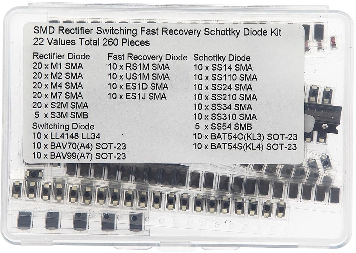 22 waarden in totaal 260 stuks SMD gelijkrichterdiode Fast + Recovery diode + Schottky diode + schakeldiode kit