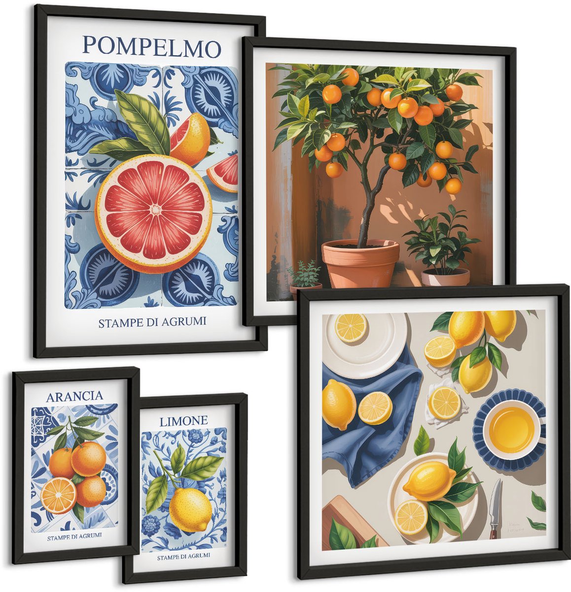Coloray 5-Delige Schilderij Set - Citrus Inspirations Vintage Decoraties - 50 x 50 cm, 20 x 30 cm En 40 x 60 cm - Wanddecoratie - Schilderijen Set - Interieur - Moderne Wanddecoratie Zwarte lijst