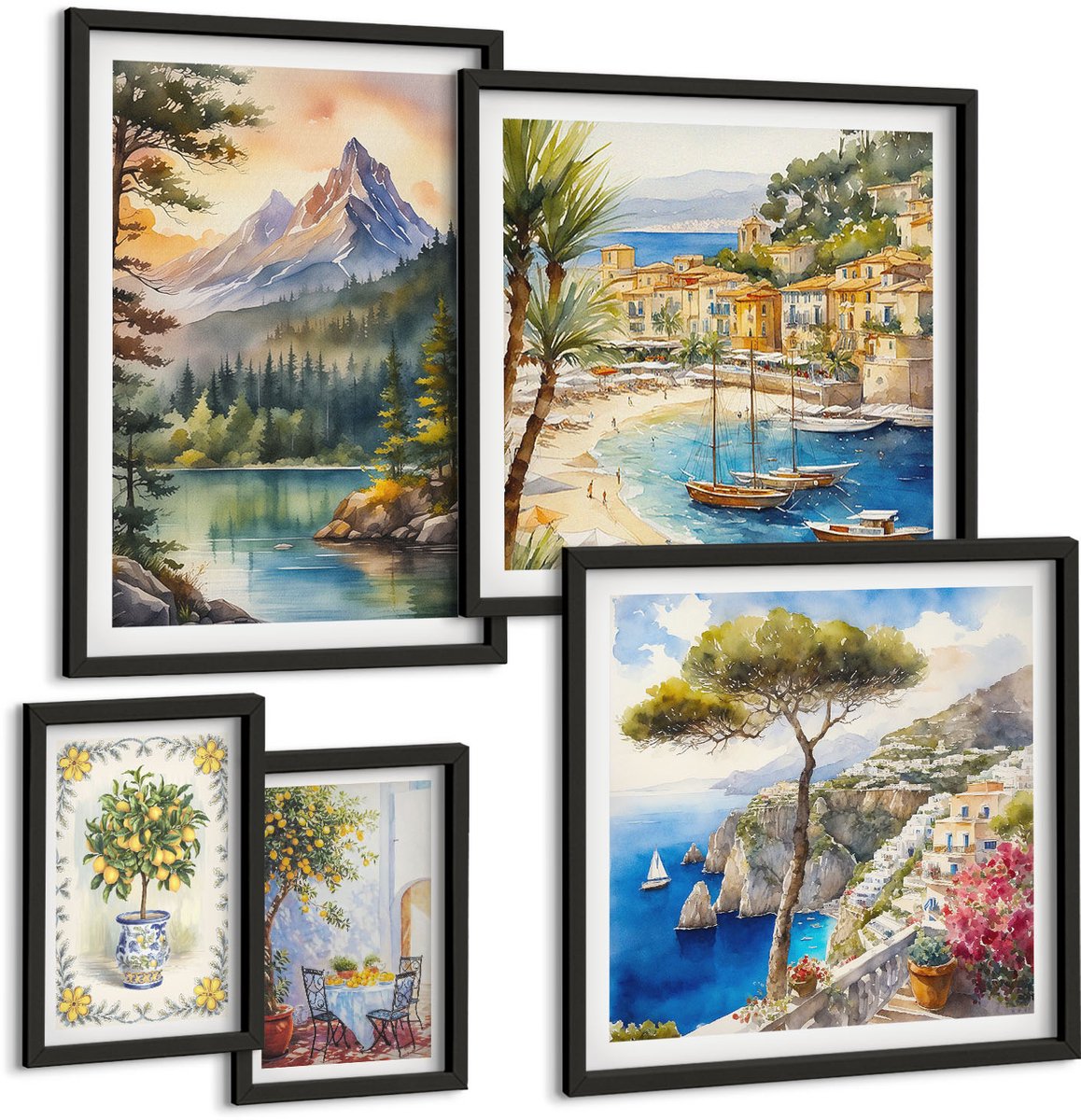 Coloray 5-Delige Schilderij Set - Berg- En Kustlandschappen Met Charmante Uitzichten - 50 x 50 cm, 20 x 30 cm En 40 x 60 cm - Muurdecoratie - Wanddecoratie - Hal - Stijlvolle Muurdecoratie Zwarte lijst