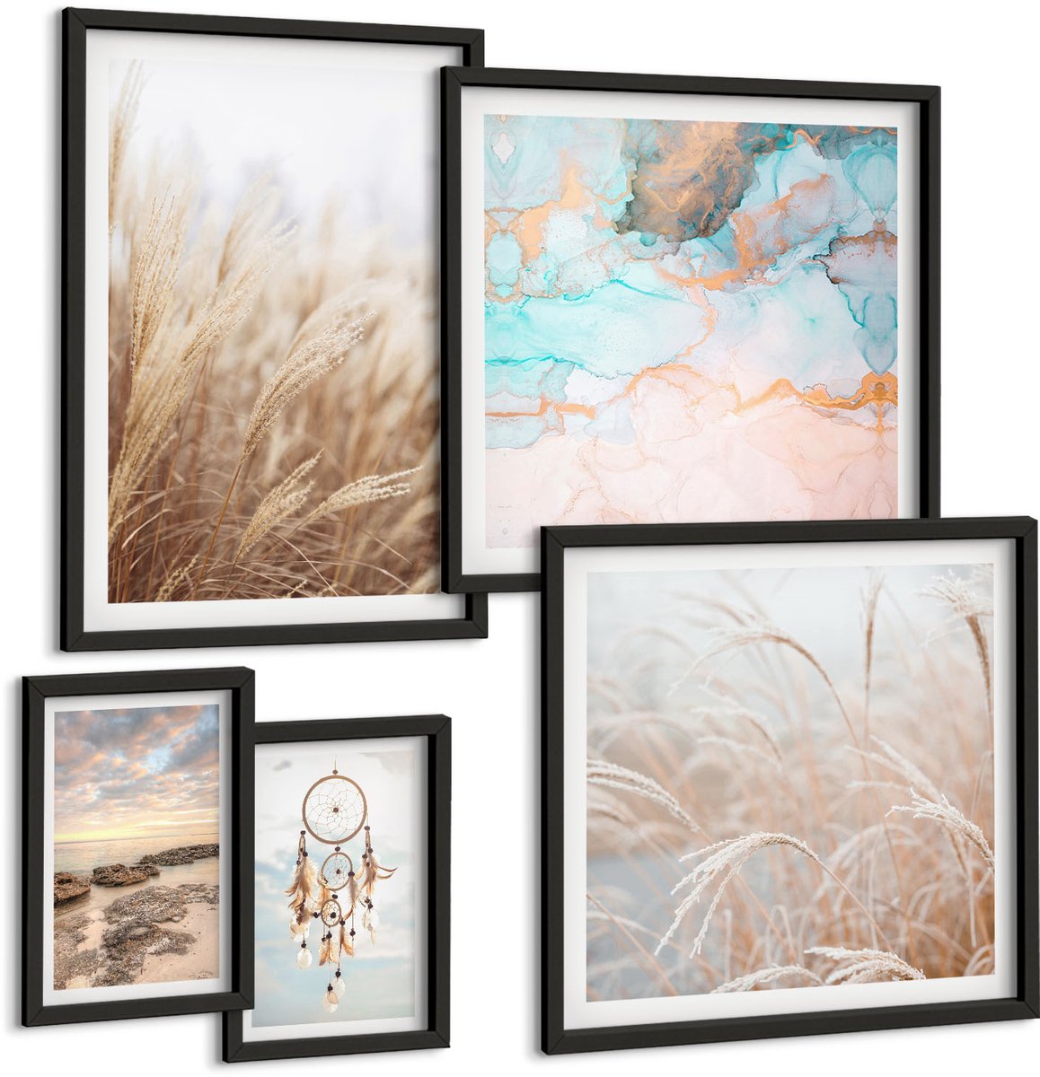 Coloray 5-Delige Schilderij Set - Natuurlijke Landschappen Met Boho-Motieven En Etnische Accenten. - 50 x 50 cm, 20 x 30 cm En 40 x 60 cm - Wanddecoratie - Woonkamer Decoratie Zwarte lijst