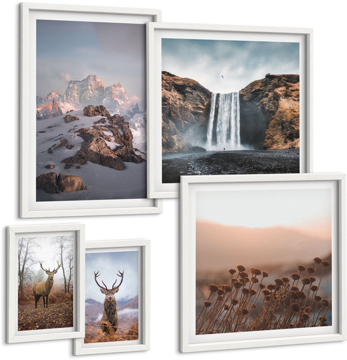 Coloray 5-Delige Schilderij Set - Berglandschappen Met Wilde Dieren En Andere Dieren - 50 x 50 cm, 20 x 30 cm En 40 x 60 cm - Muurdecoratie - Interieur Decoratie - Woonkamer Decoratie