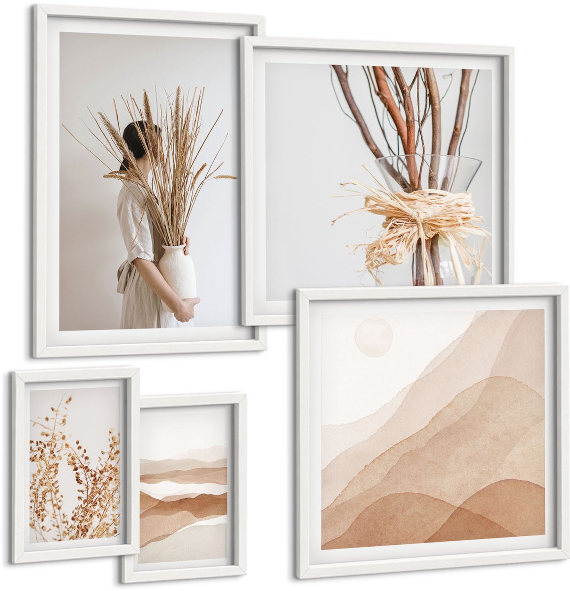 Coloray 5-Delige Schilderij Set - Stijlvolle Boho-Accenten Met Planten En Abstracte Landschappen - 50 x 50 cm, 20 x 30 cm En 40 x 60 cm - Muurdecoratie - Wanddecoratie - Slaapkamer