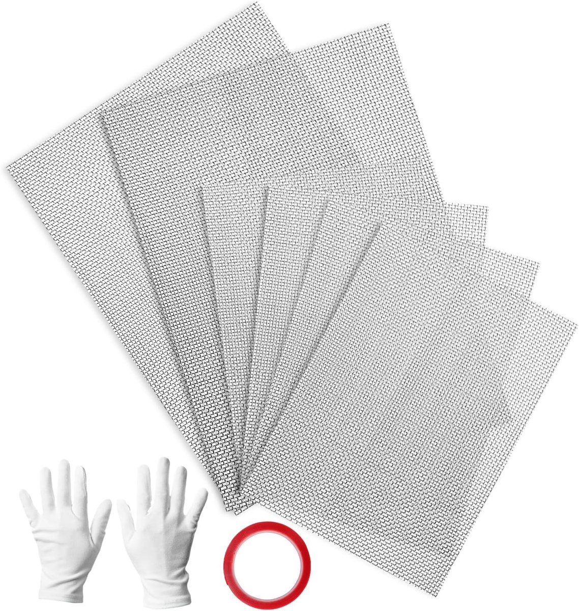 6 stuks fijnmazig draadgaas, 20 mazen, 4 stuks 15 x 21 cm roestvrij stalen vliegengaas, 2 stuks 30 x 21 cm draadgaas, roestvrij staal, filterrooster met handschoenen en plakband voor muizen- en
