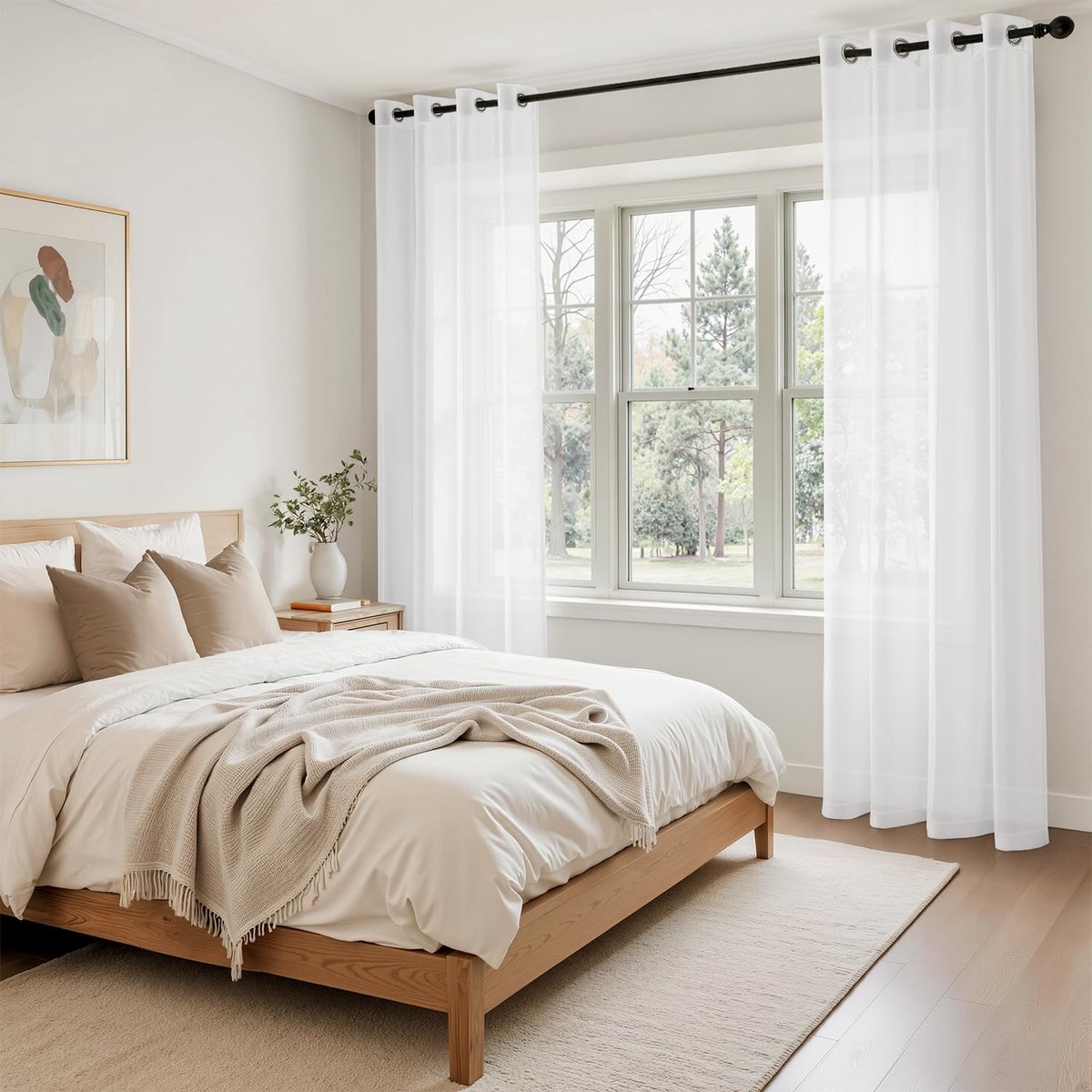 Glasgordijn, polyester voilegordijn met ingestanste ringen, transparante vitrage, luchtig, decoratief, voor slaapkamer en woonkamer, set van 2 gordijnen, 140 X 175 cm (b x h), wit