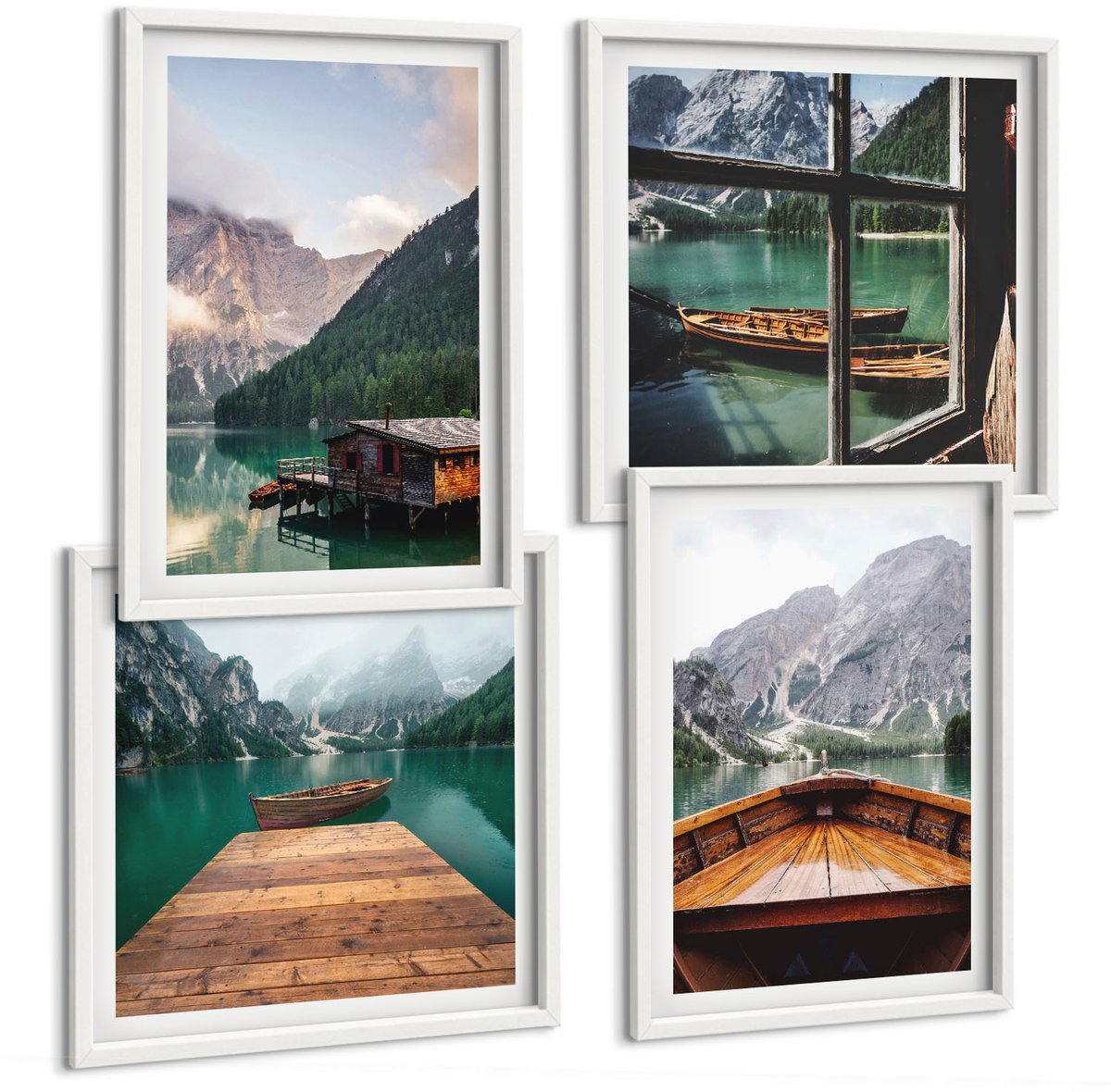 Coloray 4-Delige Schilderij Set - Berglandschap, Houten Huisje, Steiger En Boten - 40 x 40 En 40 x 60 - Wanddecoratie - Muurdecoratie - Woonkamer - Moderne Wanddecoratie