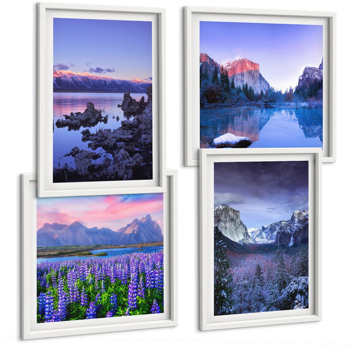Coloray 4-Delige Schilderij Set - Berglandschappen Met Water, Lucht En Bloemenvelden - 40 x 40 En 40 x 60 - Stijlvolle Wanddecoratie - Interieur - Decoratieve Schilderijen