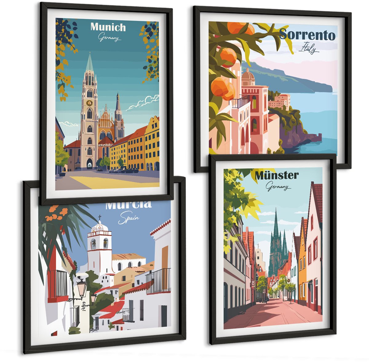 Coloray 4-Delige Schilderij Set - Europese Steden In Kleurrijke Illustraties - 40 x 40 cm En 40 x 60 cm - Decoratieve Schilderijen - Woonkamer - Interieur - Interieur Decoratie Zwarte lijst