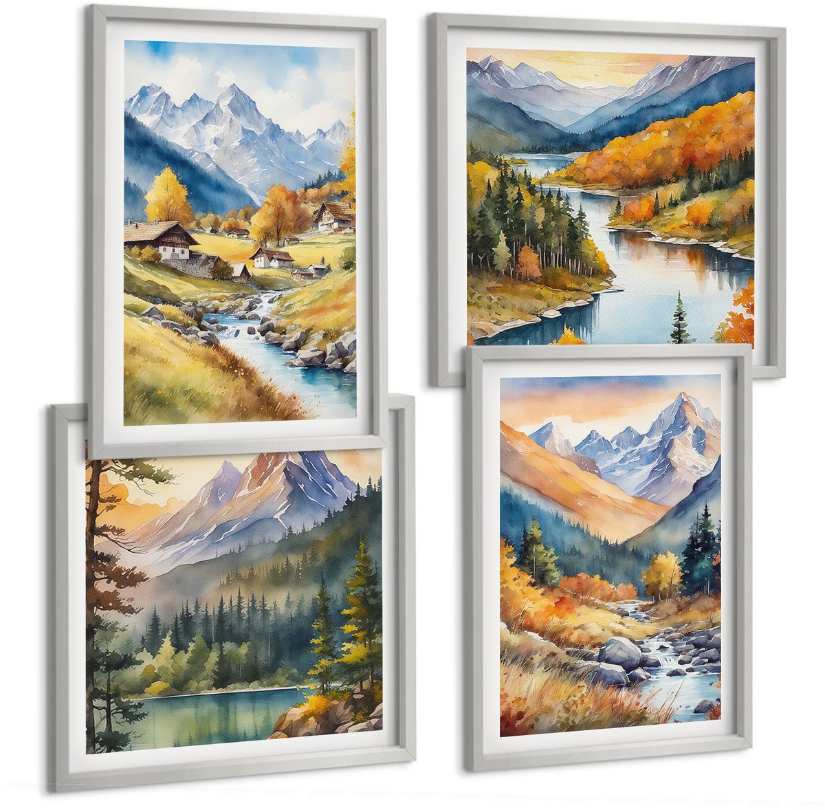 Coloray 4-Delige Schilderij Set - Berglandschap Met Een Rivier En Huisjes In Herfstkleuren. - 40 x 40 cm En 40 x 60 cm - Wanddecoratie - Schilderijen Set - Interieur - Muurdecoratie