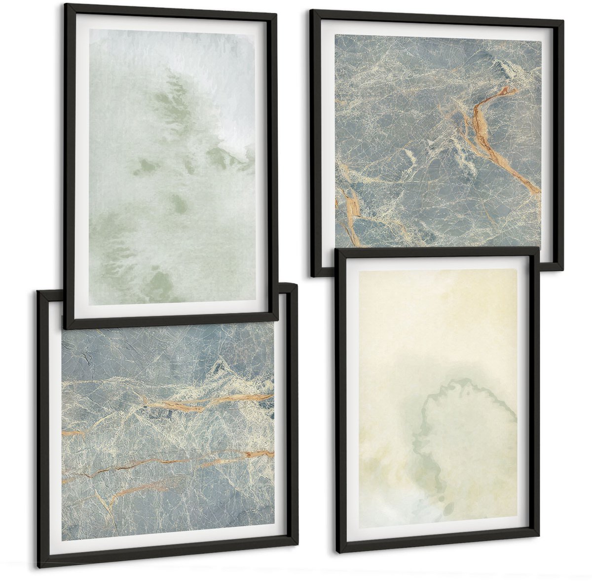 Coloray 4-Delige Schilderij Set - Pastel Aquarelverf Op Canvas, Textuurverf - 40 x 40 cm En 40 x 60 cm - Wanddecoratie - Moderne Interieurdecoratie - Moderne Wanddecoratie Zwarte lijst