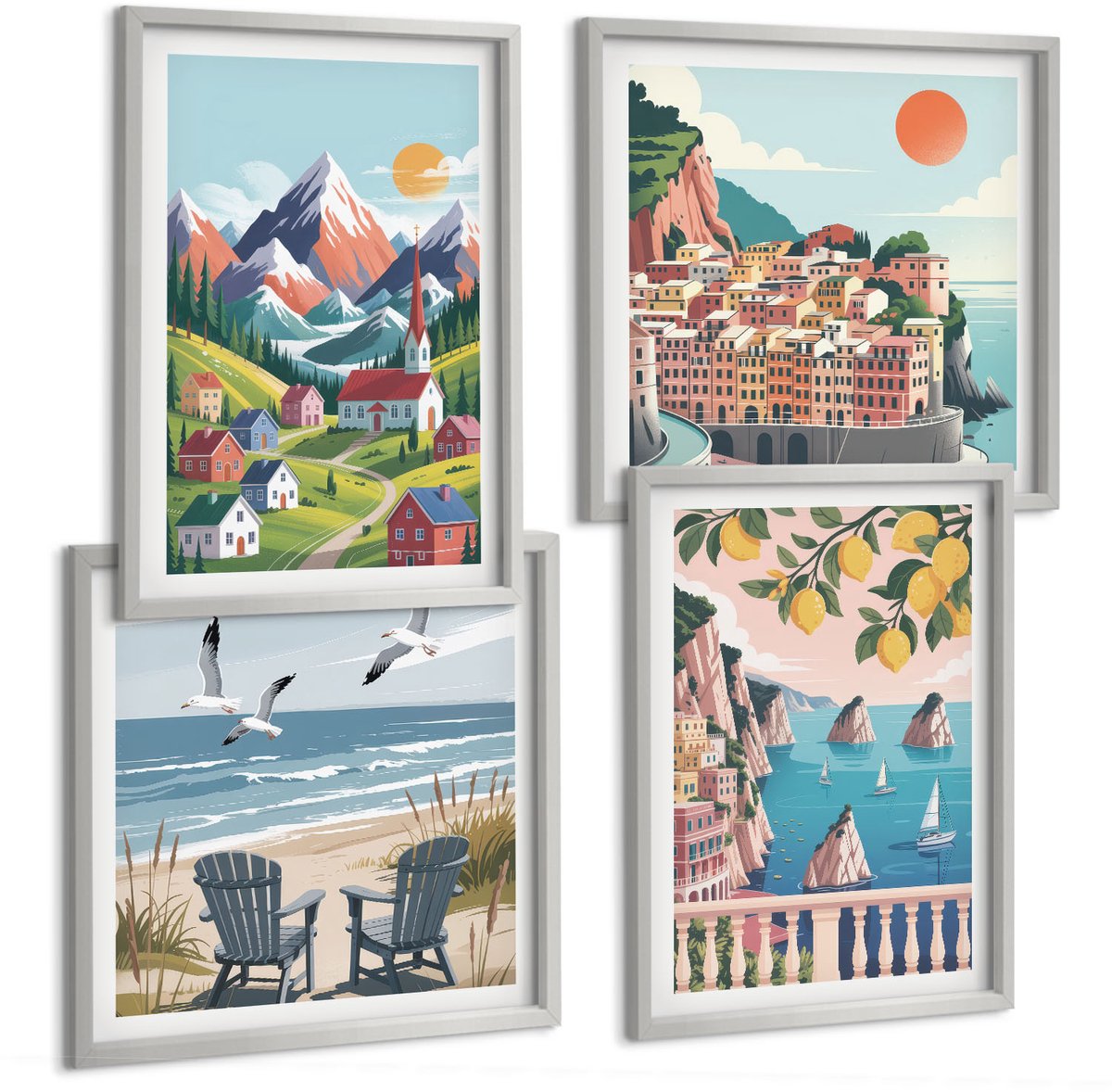 Coloray 4-Delige Schilderij Set - Kleurrijke Berglandschappen En Kuststeden - 40 x 40 cm En 40 x 60 cm - Wanddecoratie - Muurdecoratie - Woonkamer - Moderne Wanddecoratie
