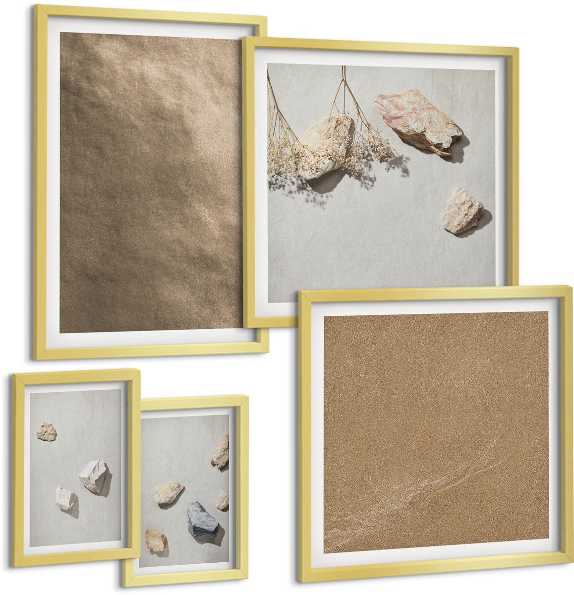 Coloray 5-Delige Schilderij Set - Strandstenen, Natuurlijke Structuren - 50 x 50 cm, 20 x 30 cm En 40 x 60 cm - Stijlvolle Muurdecoratie - Kantoor - Moderne Wanddecoratie