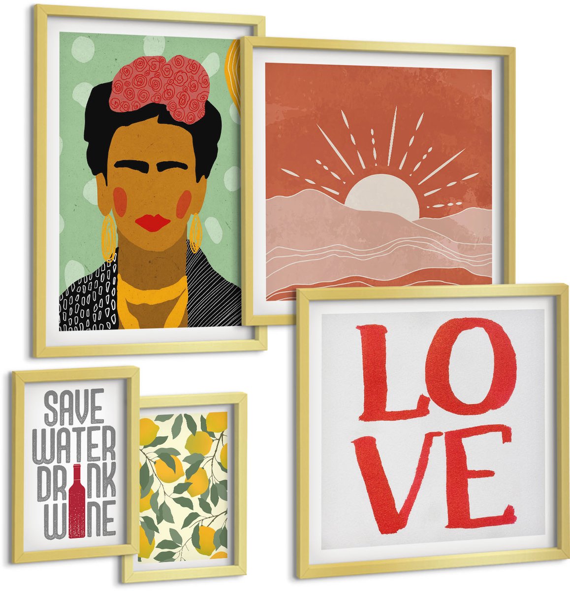 Coloray 5-Delige Schilderij Set - Boho-Stijl Met Een Bloemenmotief En Een Vrouwelijke Figuur. - 50 x 50 cm, 20 x 30 cm En 40 x 60 cm - Schilderijen Set - Wanddecoratie - Woonkamer - Moderne Wanddecoratie
