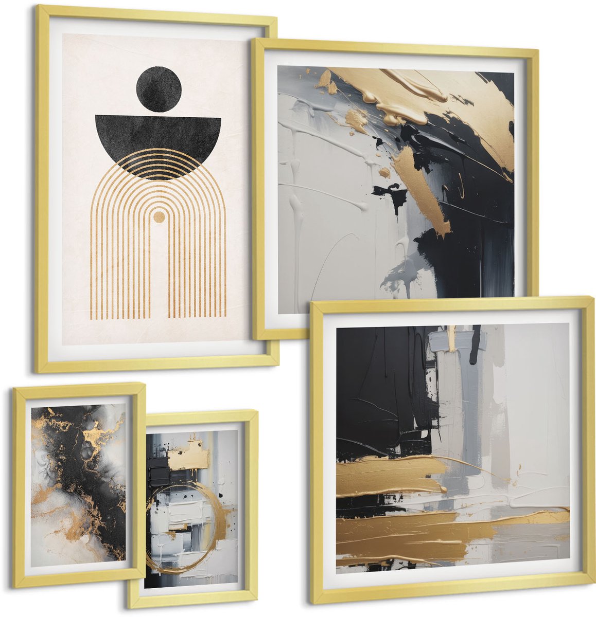Coloray 5-Delige Schilderij Set - Abstracte Composities In Een Moderne Stijl Met Geometrische Vormen. - 50 x 50 cm, 20 x 30 cm En 40 x 60 cm - Wanddecoratie - Moderne Interieurdecoratie - Stijlvolle Muurdecoratie