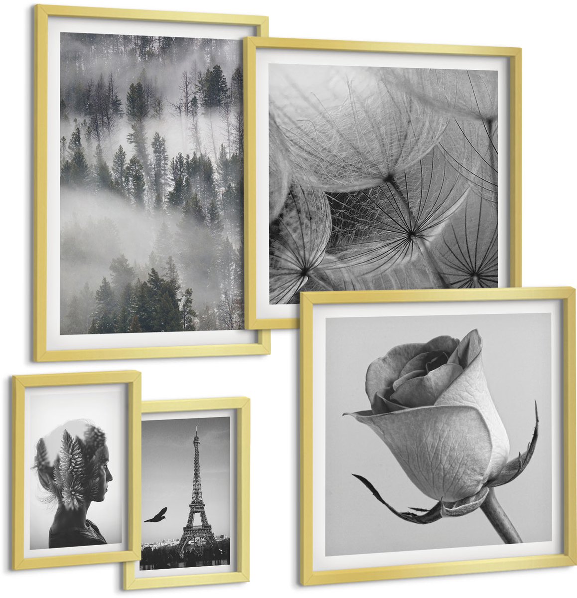 Coloray 5-Delige Schilderij Set - Inspiratie In Zwart-Wit Met Natuur En Europese Steden - 50 x 50 cm, 20 x 30 cm En 40 x 60 cm - Schilderijen Set - Wanddecoratie - Woonkamer - Interieur Decoratie