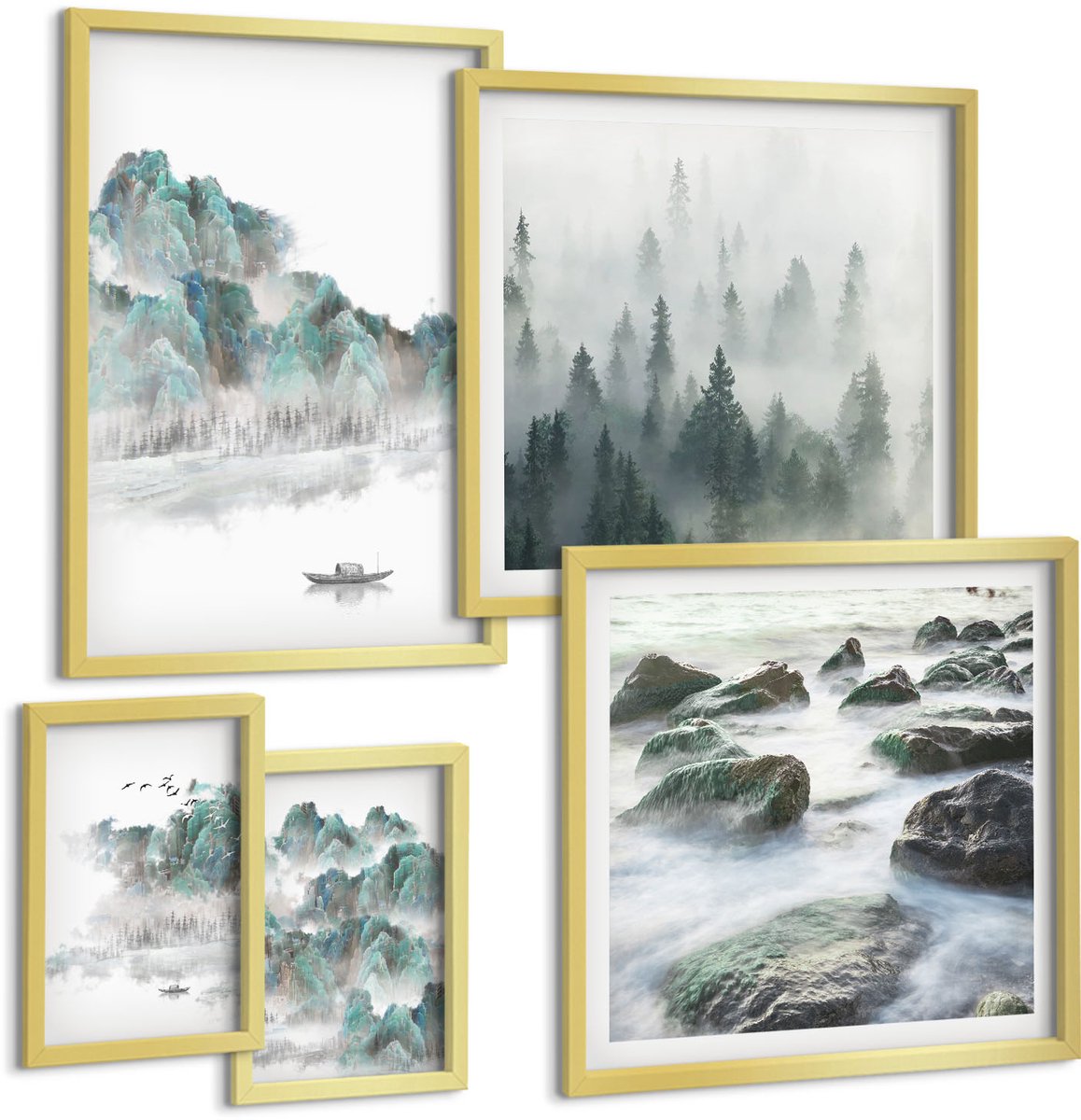 Coloray 5-Delige Schilderij Set - Rustige Natuurlijke Landschappen Met Water En Vegetatie - 50 x 50 cm, 20 x 30 cm En 40 x 60 cm - Stijlvolle Muurdecoratie - Slaapkamer