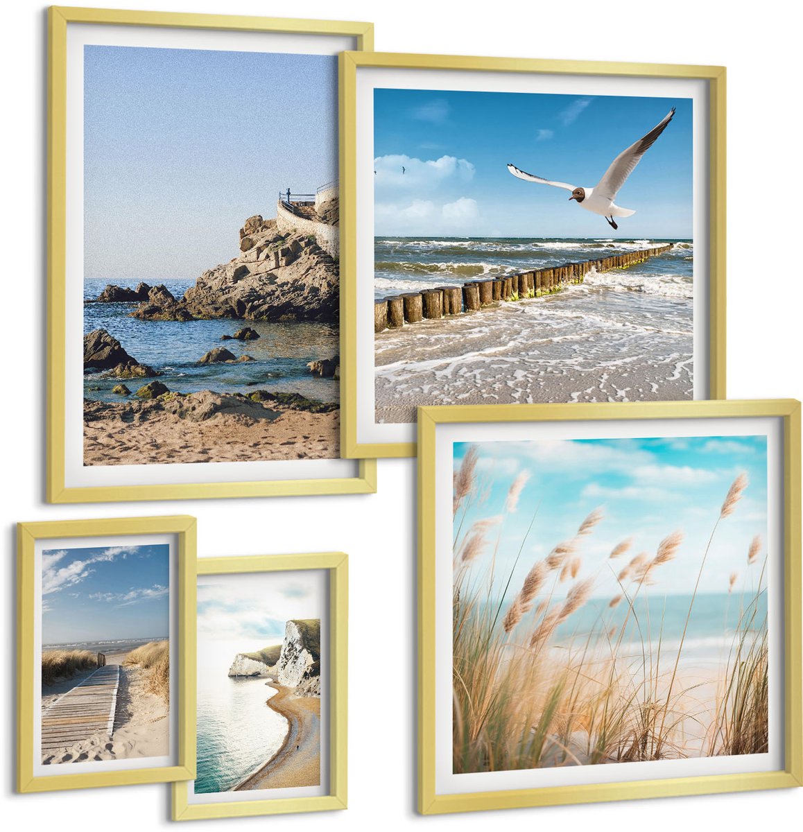 Coloray 5-Delige Schilderij Set - Kustlandschappen Met Stranden En Kalm Water - 50 x 50 cm, 20 x 30 cm En 40 x 60 cm - Moderne Wanddecoratie - Woonkamer - Interieur Decoratie