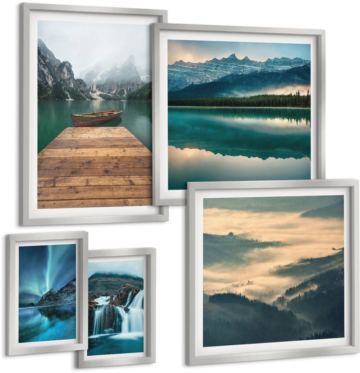 Coloray 5-Delige Schilderij Set - Bergen En Architectuur, Retro, Kleurrijke Illustraties - 20 x 30 cm - Muurdecoratie - Interieur Decoratie - Woonkamer Decoratie