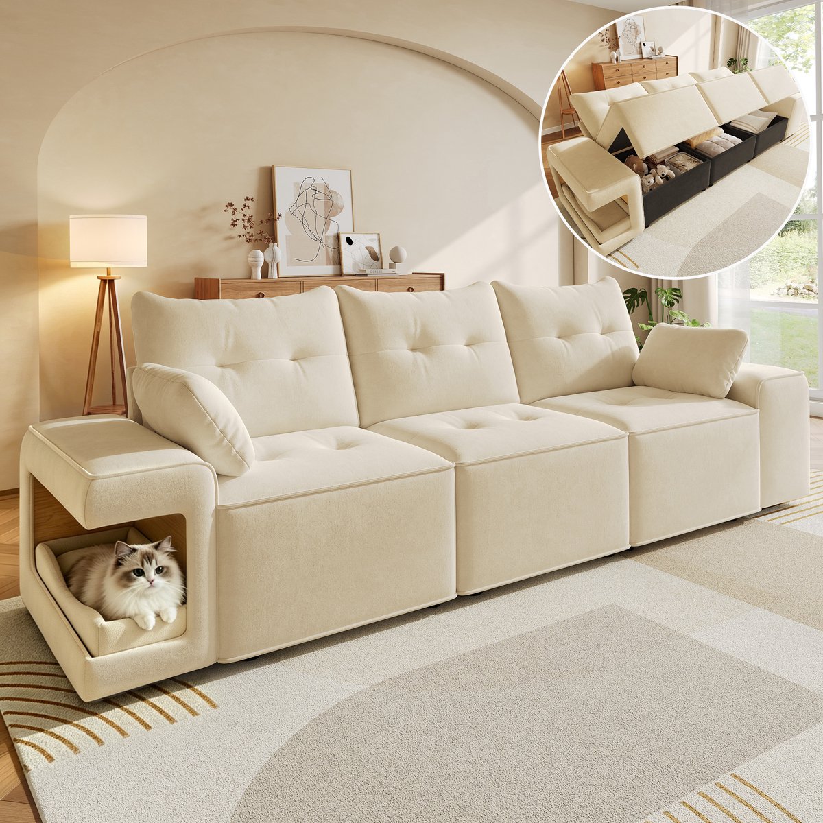 3-Zits Bank, Moderne Modulaire 3-Zitsbank Met Brede Armleuningen, Cloud-Bank, Geïntegreerde Opbergruimte, Gestoffeerde Kussens, USB Oplaadpoort, Chenille Stof, Grijs