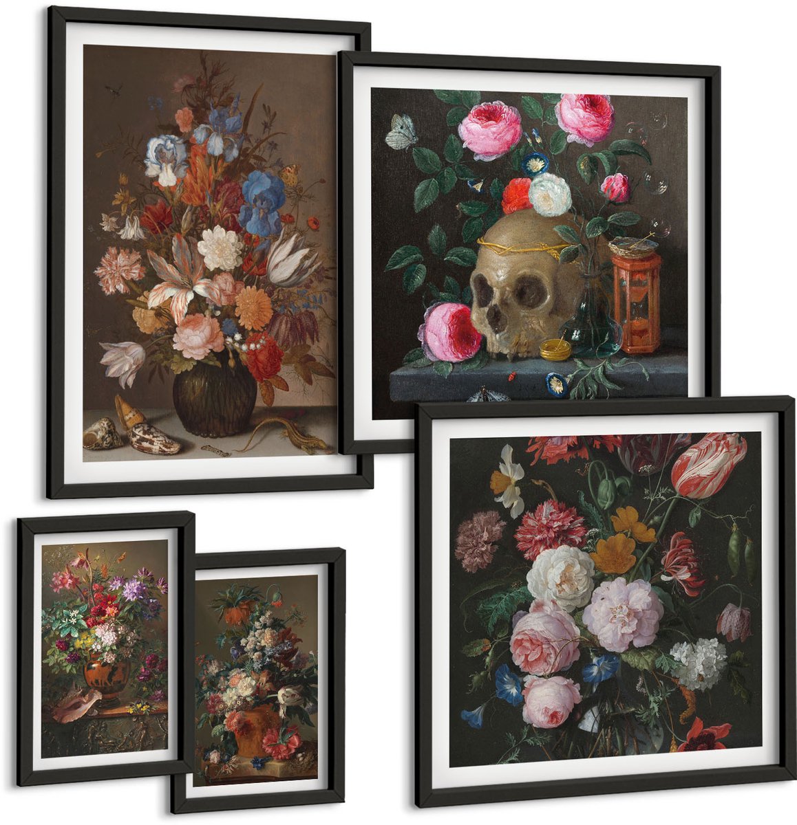 Coloray 5-Delige Schilderij Set - Bloemstukken In Klassieke Stijl Met Stillevens - 50 x 50 cm, 20 x 30 cm En 40 x 60 cm - Wanddecoratie - Muurdecoratie - Moderne Interieurdecoratie Zwarte lijst