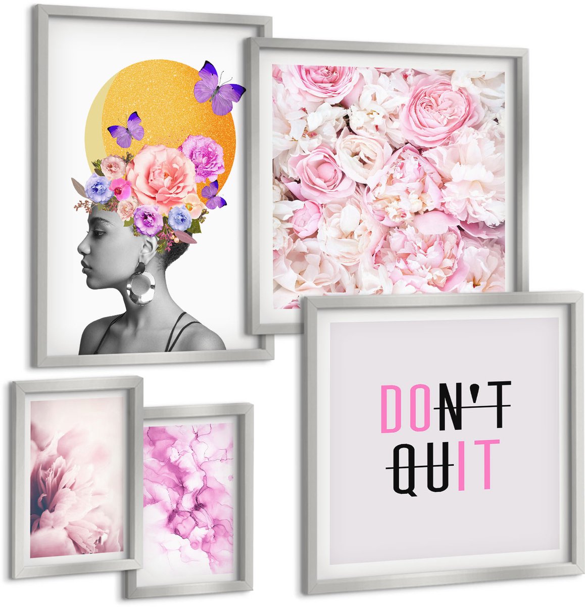 Coloray 5-Delige Schilderij Set - Abstract Portret Van Een Vrouw Met Bloemen In Een Stad In De Regen. - 20 x 30 cm - Decoratieve Schilderijen - Wanddecoratie - Hal