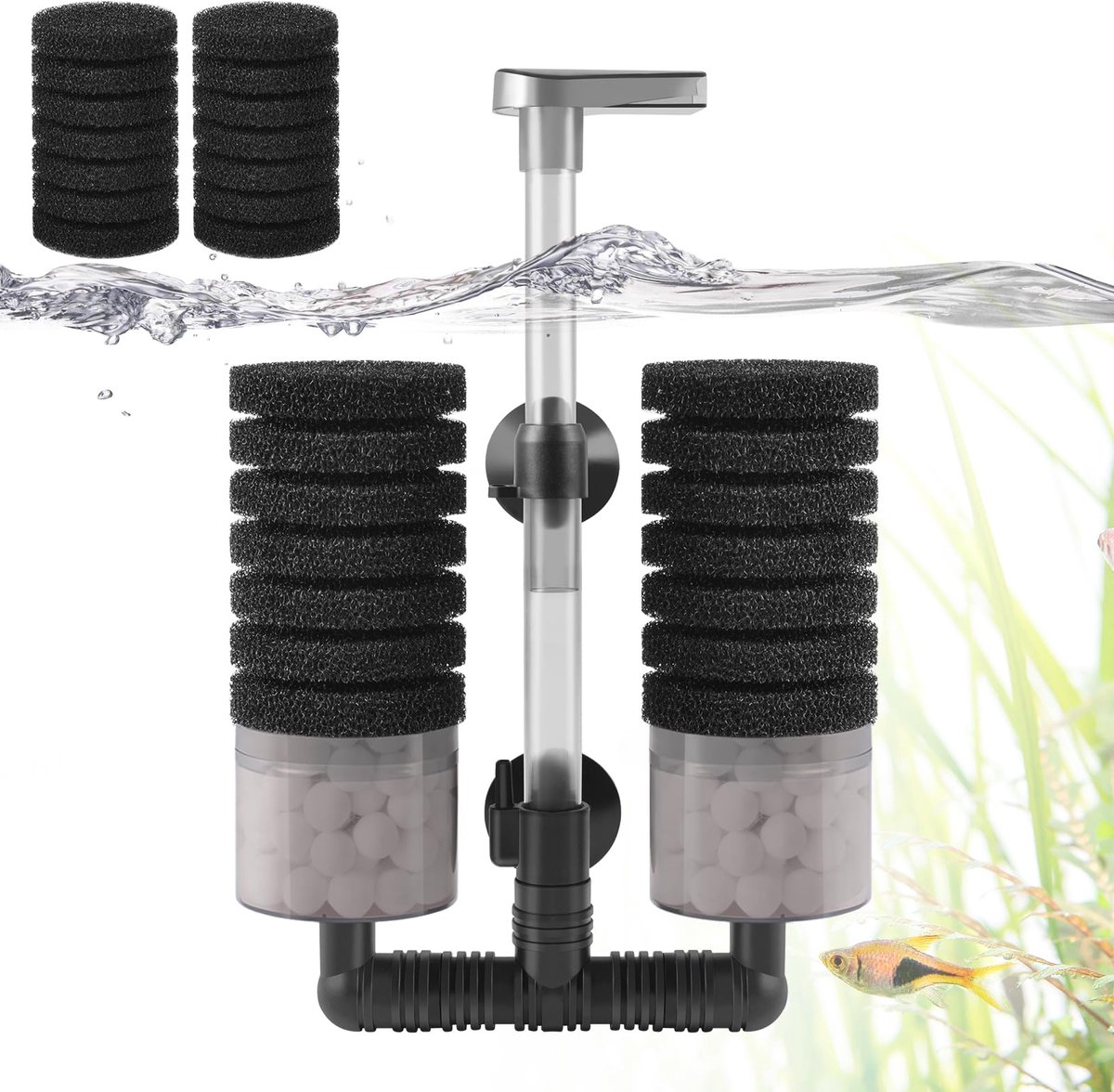 VILLNO Luchtaangedreven aquariumfilter, aquariumsponsfilter met biochemische spons en keramische ballen, stil - ShopVlot
