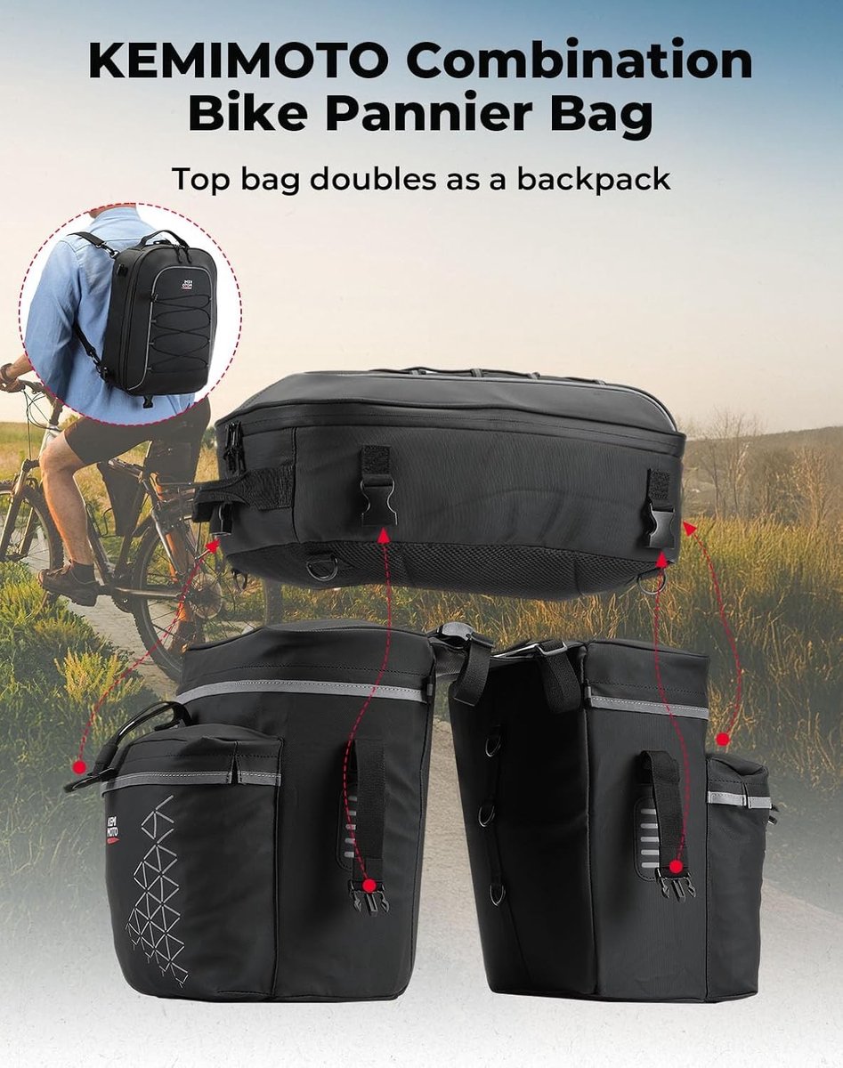 Fietstassen dubbel - Zwart - 52 Liter - Waterdichte Bagagedragertas met Afneembare Rugzak - Voor Fiets en E-bike