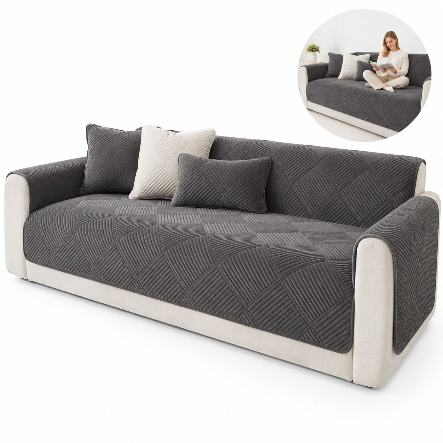 VHV Bankhoes - Antislip bankbeschermer 90 x 90 cm - Donkergrijs bankkleed voor zitvlak of hoekbank tegen haren en dagelijks vuil