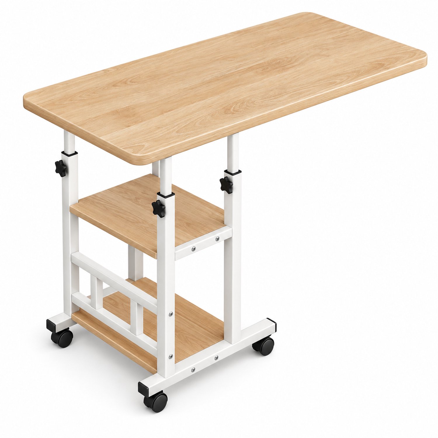 Varnivo Verrijdbare Laptoptafel - In Hoogte Verstelbaar 69-90 cm - 80x40 cm Walnoot Computertafel met Wielen, Rem & 2 Legplanken - Bedtafel & Bijzettafel Wit