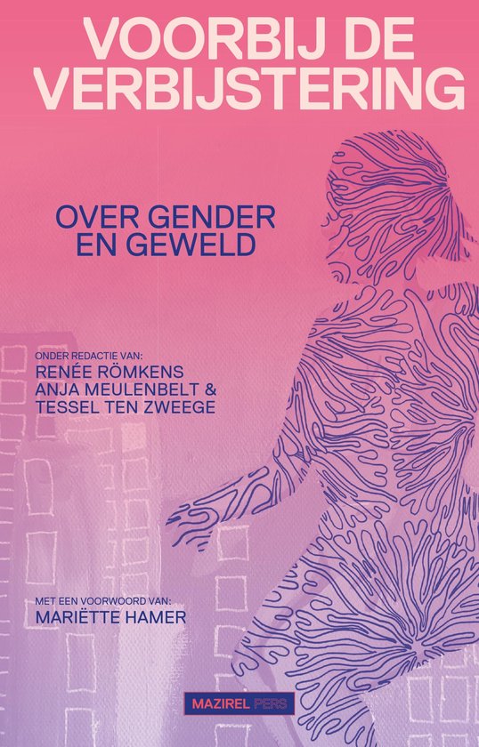 Roze boekomslag met een paars silhouet van een vrouw en de titel Voorbij de verbijstering over gender en geweld.