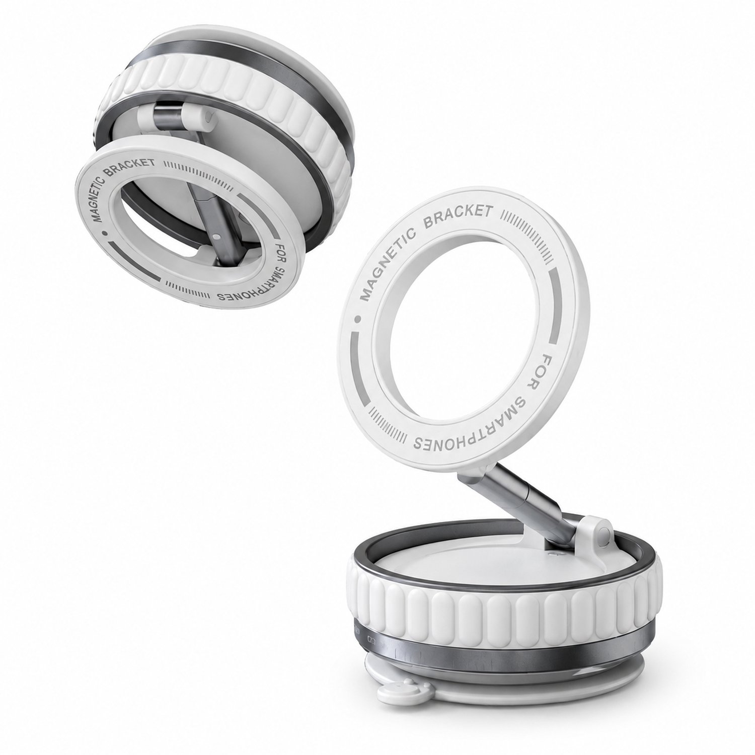 Mobiele telefoonhouder voor in de auto, wit, met vacuümzuignap en magnetische ring, inklapbare metalen arm met N52-magneet