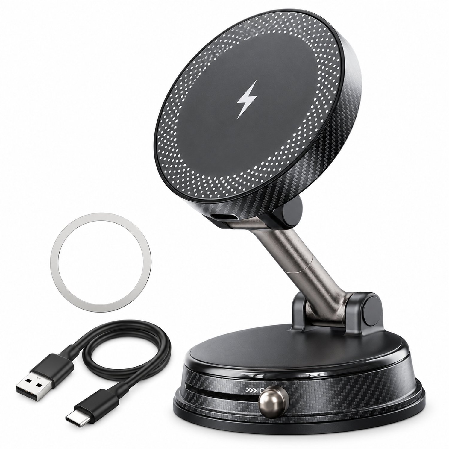 Magnetische telefoonhouder met zuignap en draadloze oplader, zwart, met ring en USB-C-kabel