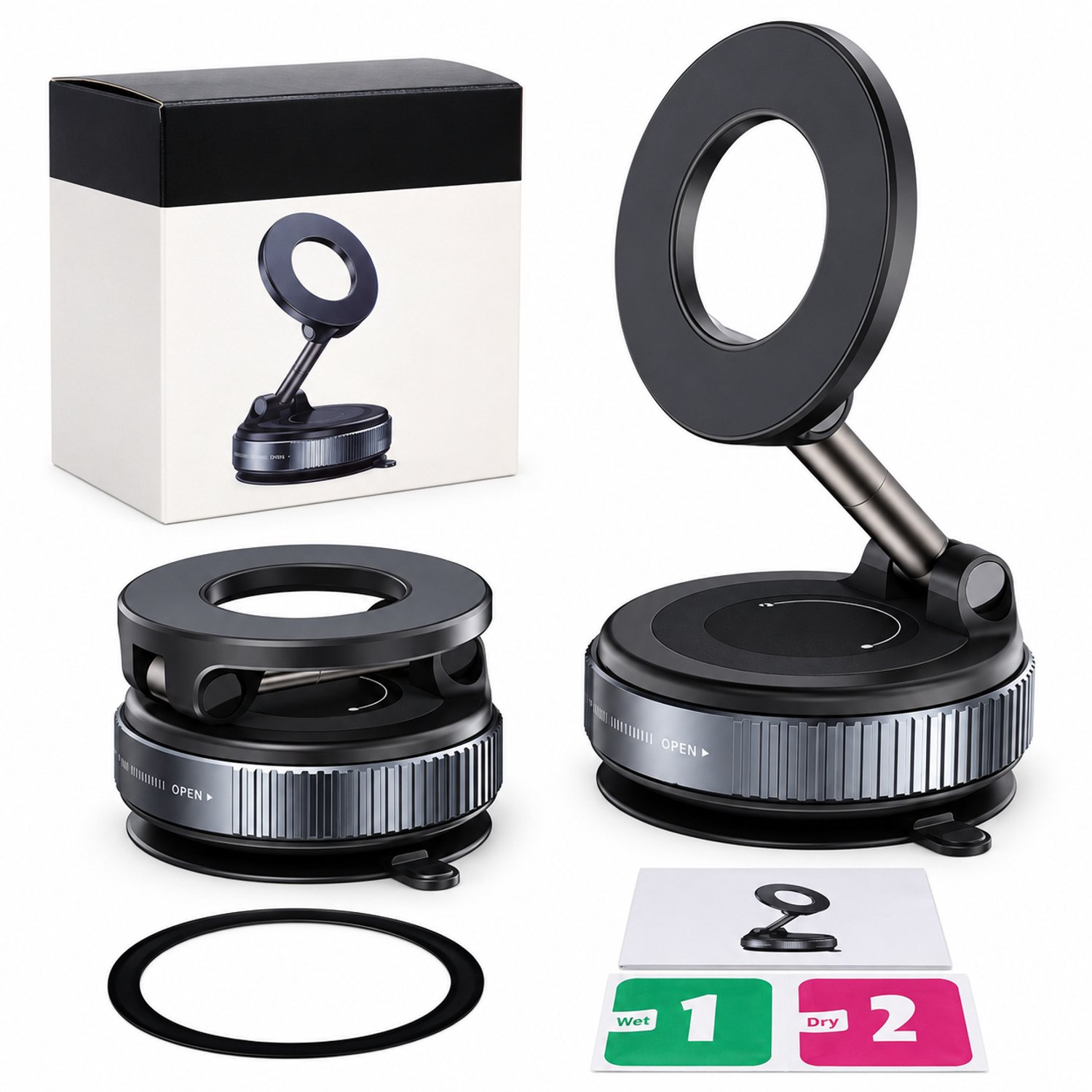 Telefoonhouder voor in de auto zwart met vacuümzuignap en magnetische kop met uitschuifbare en inklapbare legeringstang