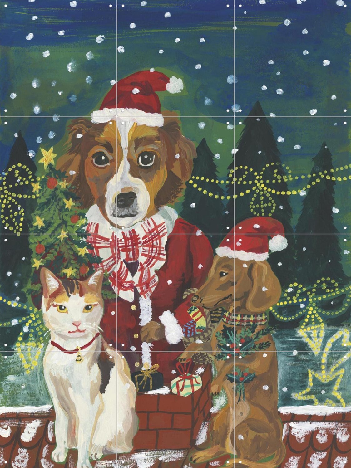 IXXI Noel Sur Le Toit, Nathalie Lété - 60 x 80 cm - Grote wanddecoratie en posters - Illustraties, Woonkamer, Kerst, Dieren Groen / Rood